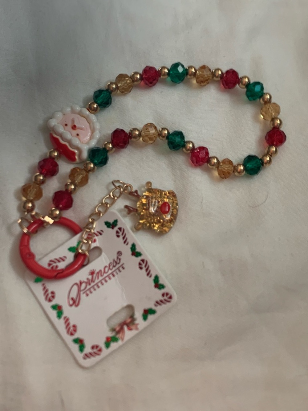 Holiday Beaded Key chain with Santa & Reindeer Charms - Red, Green & Gold